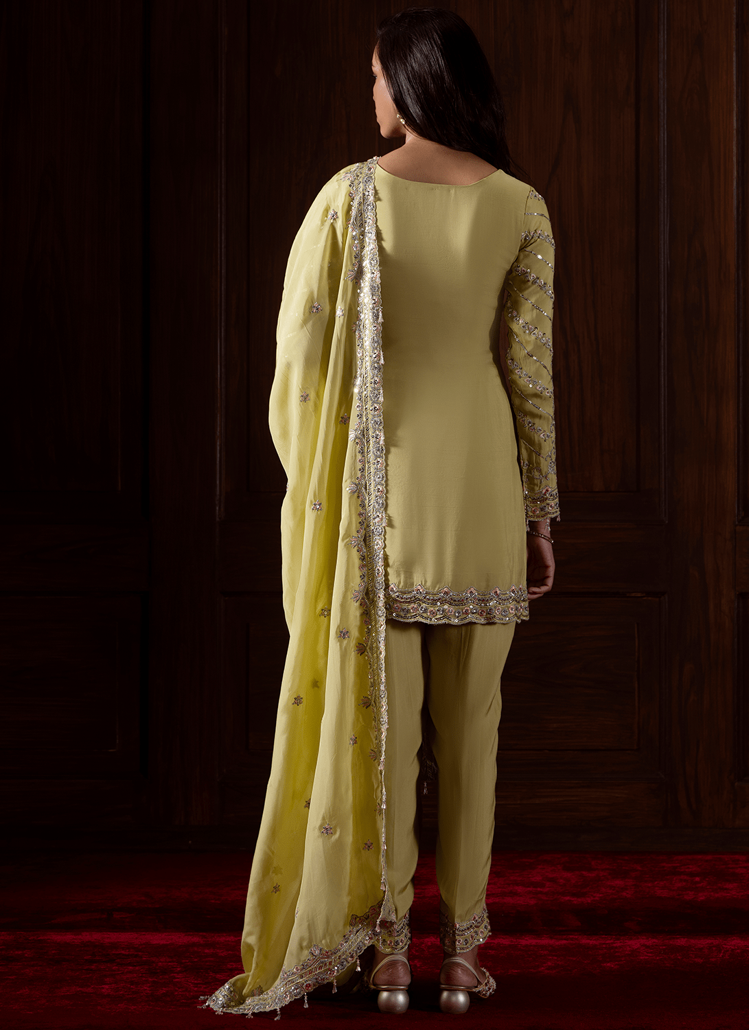 Lime Green Embroidered Viscose Organza Pant Suit - Lashkaraa