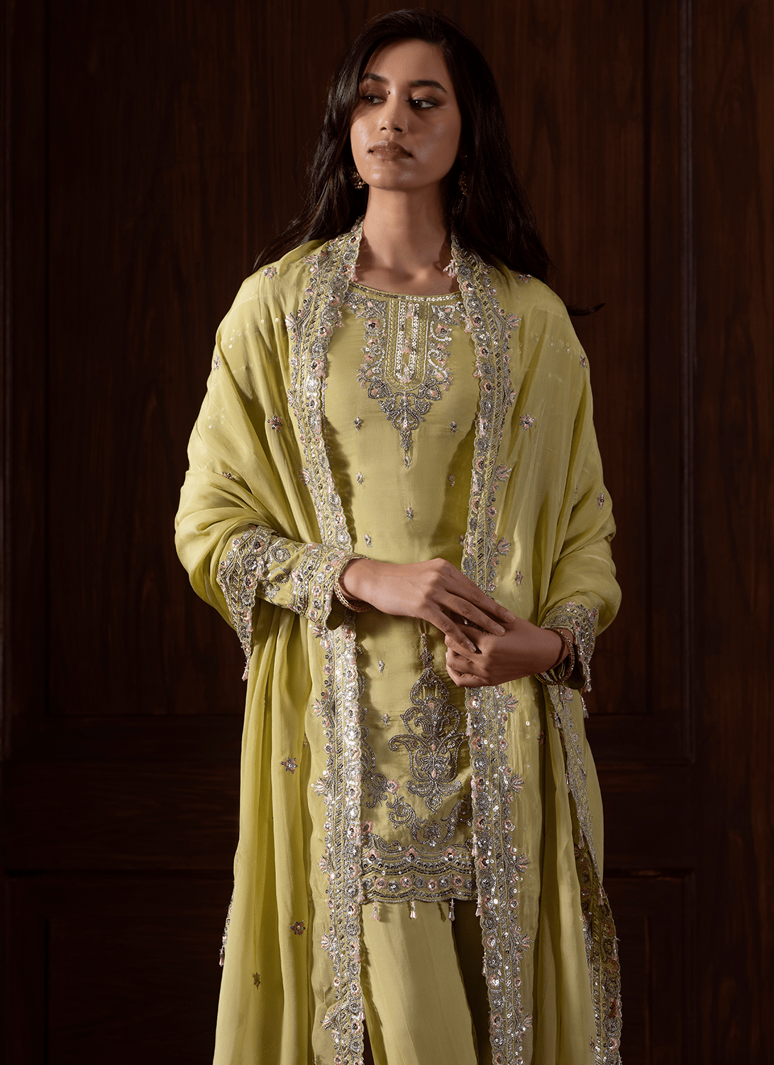 Lime Green Embroidered Viscose Organza Pant Suit - Lashkaraa