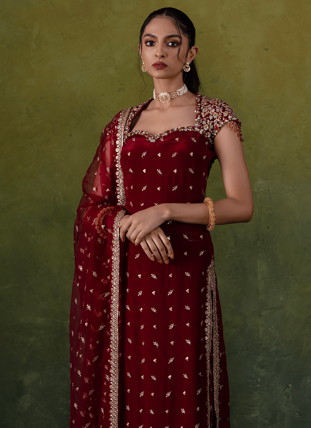 Maroon Embroidered Crepe Pant Suit - Lashkaraa