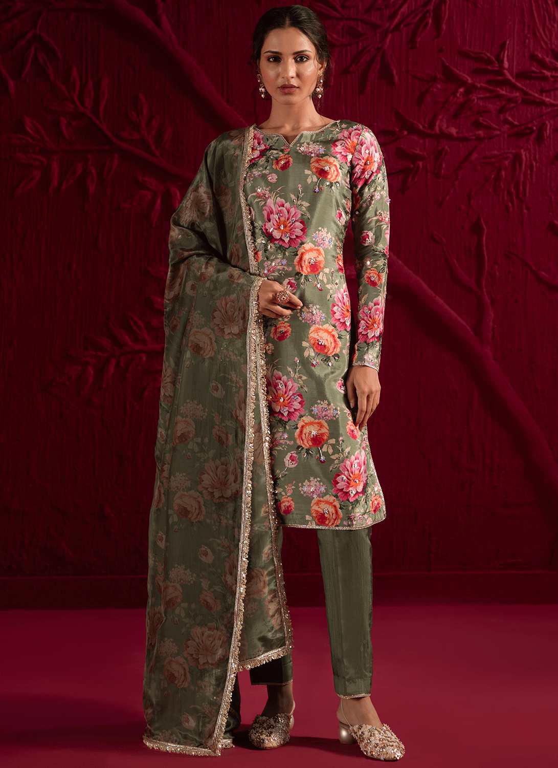 Mehendi Green Floral Embroidered Crepe Silk Pant Suit - Lashkaraa