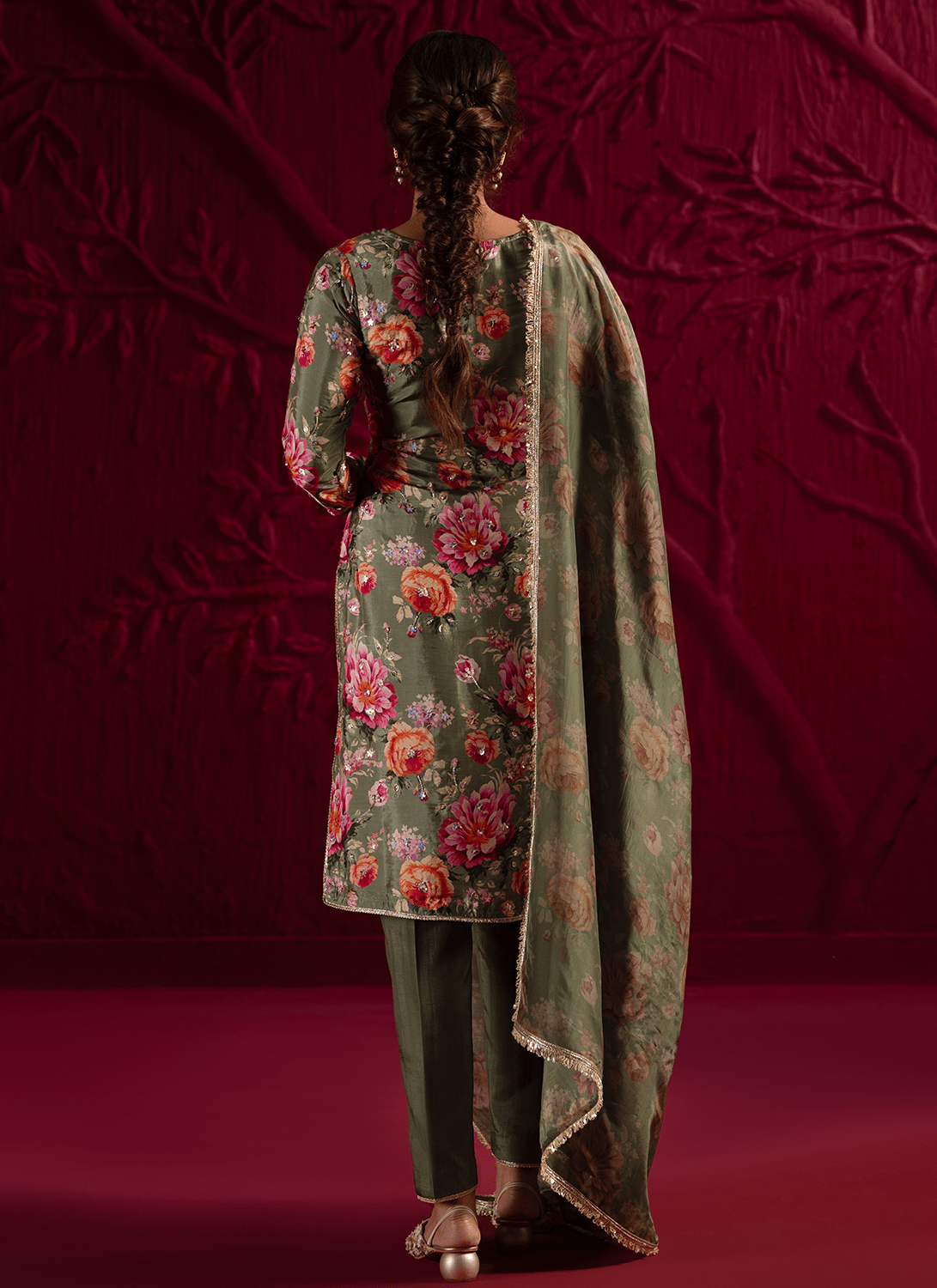 Mehendi Green Floral Embroidered Crepe Silk Pant Suit - Lashkaraa