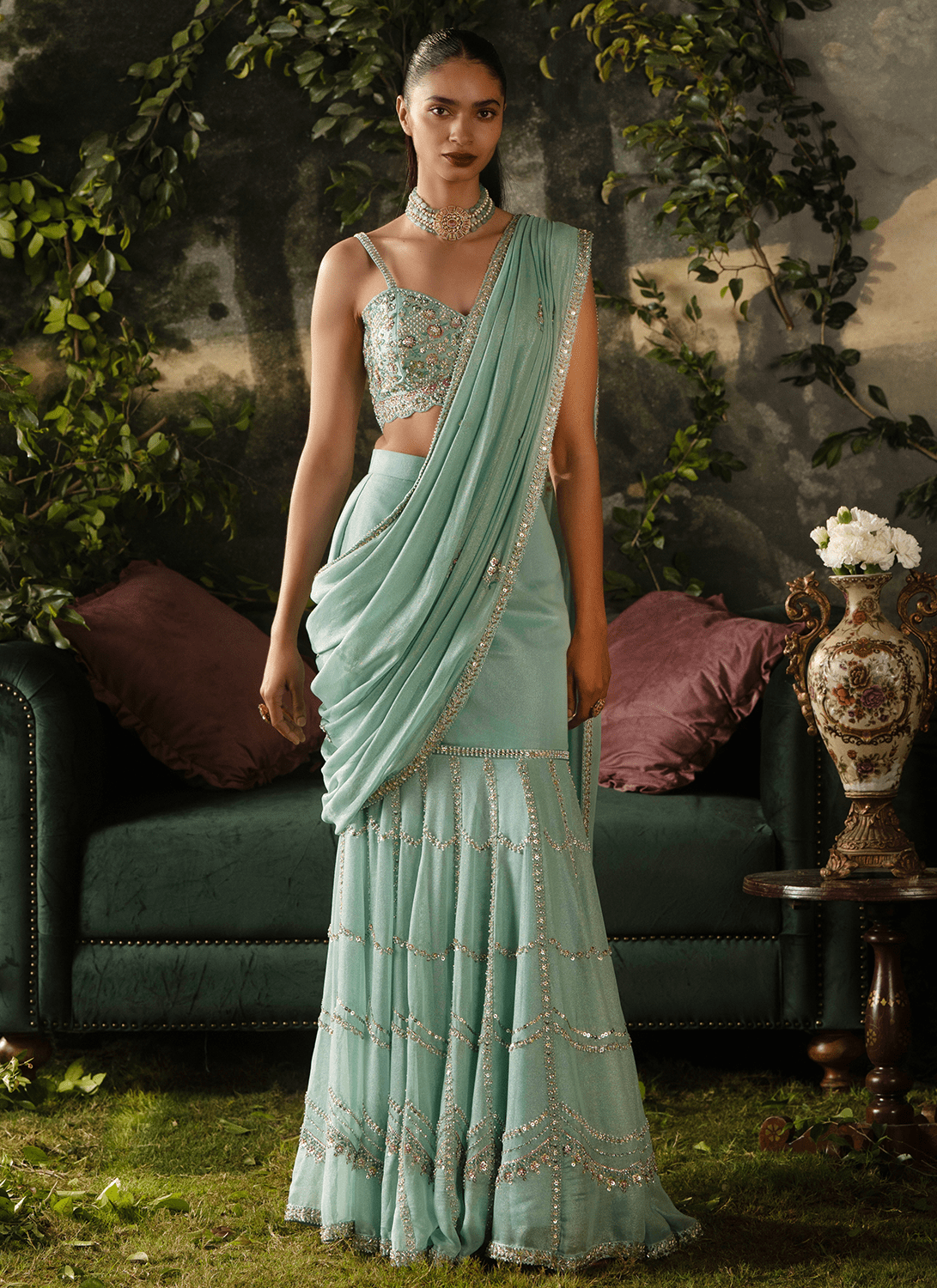 Mint Blue Embroidered Georgette Saree - Lashkaraa