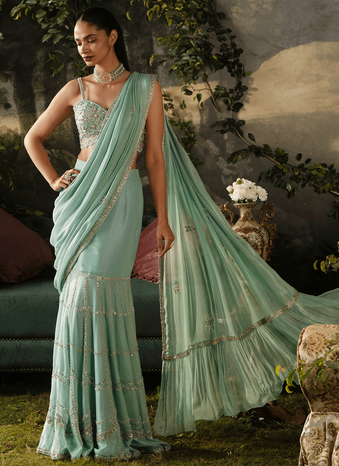 Mint Blue Embroidered Georgette Saree - Lashkaraa