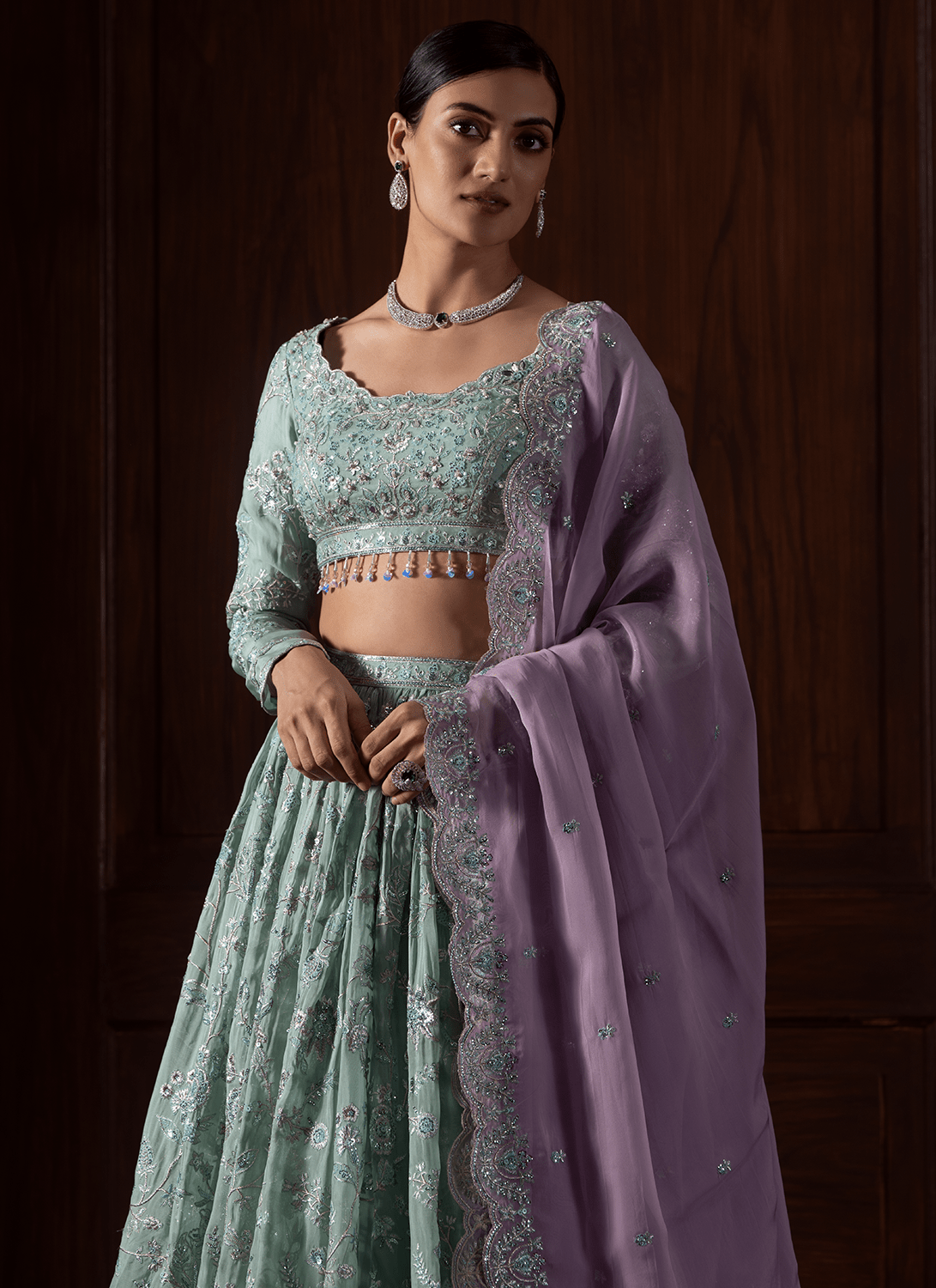 Mint Green Embroidered Viscose Organza Lehenga - Lashkaraa