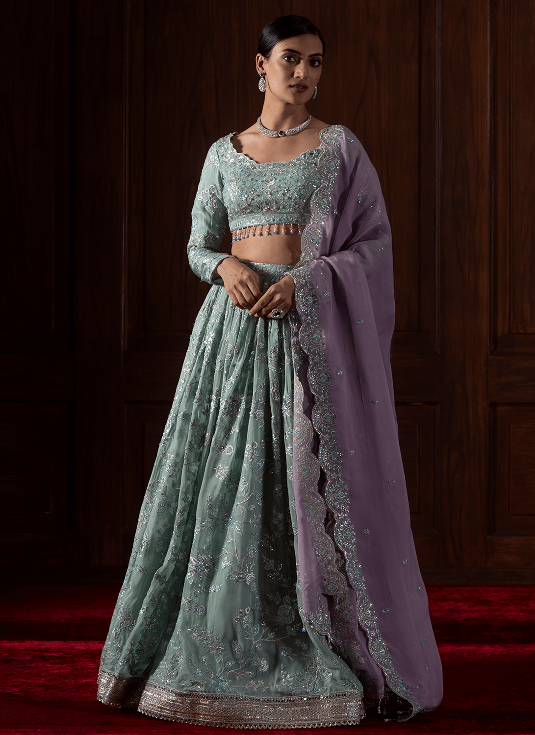 Mint Green Embroidered Viscose Organza Lehenga - Lashkaraa