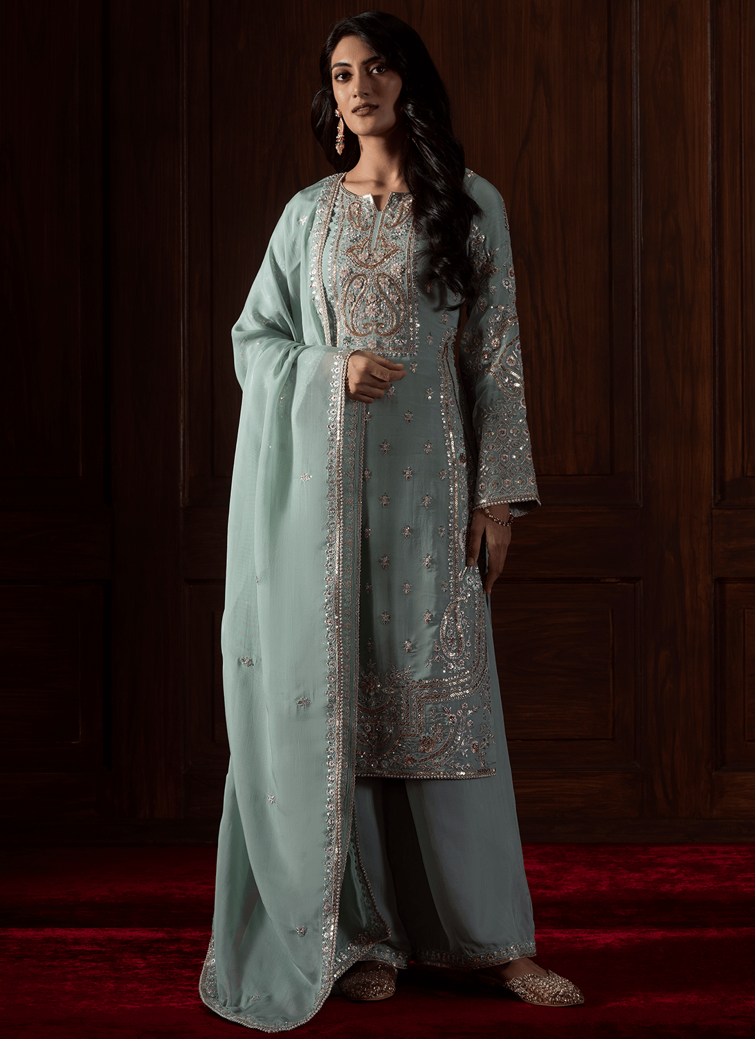 Mint Green Embroidered Viscose Organza Palazzo - Lashkaraa