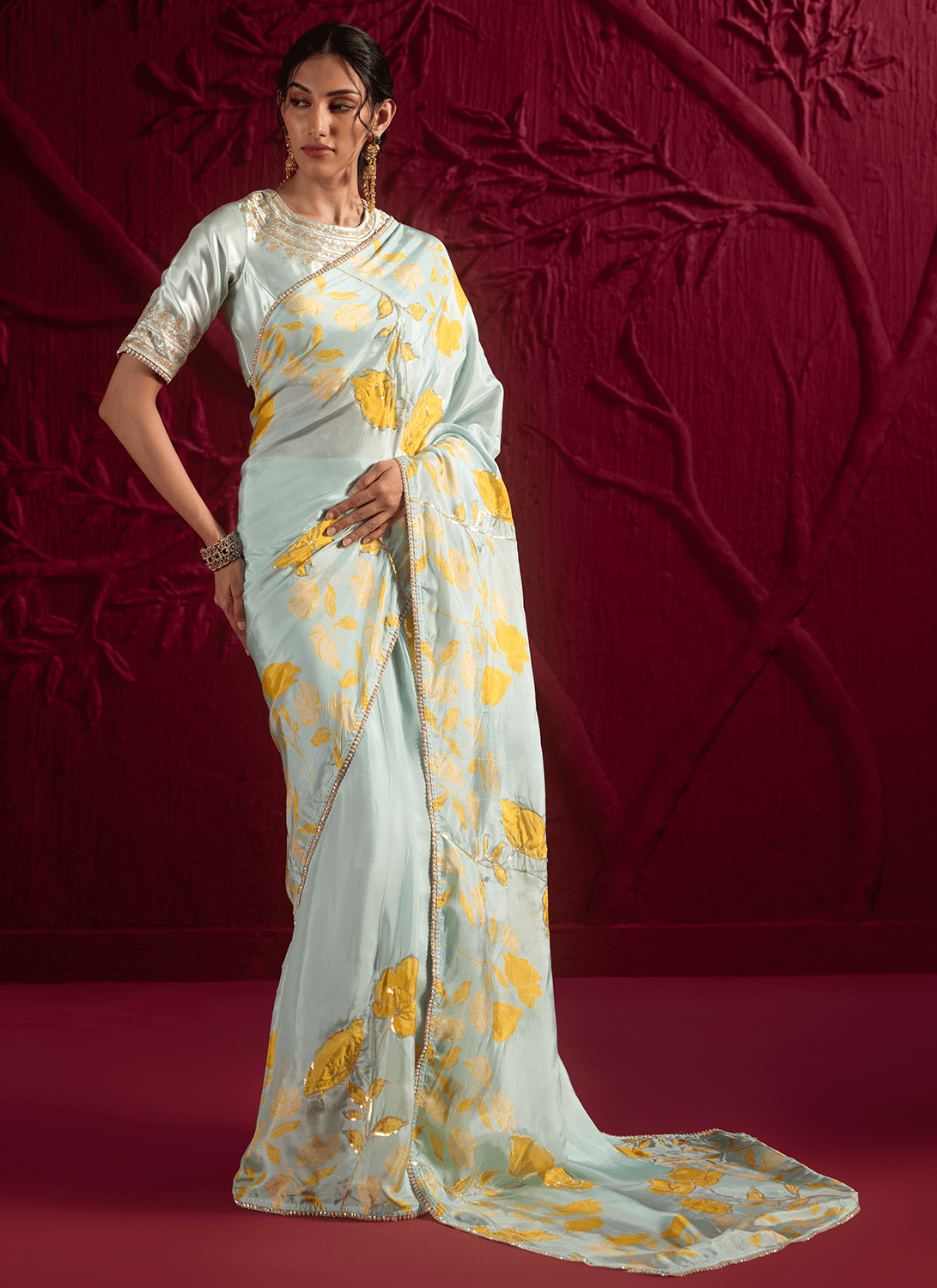 Mint Green Floral Embroidered Crepe Silk Saree - Lashkaraa