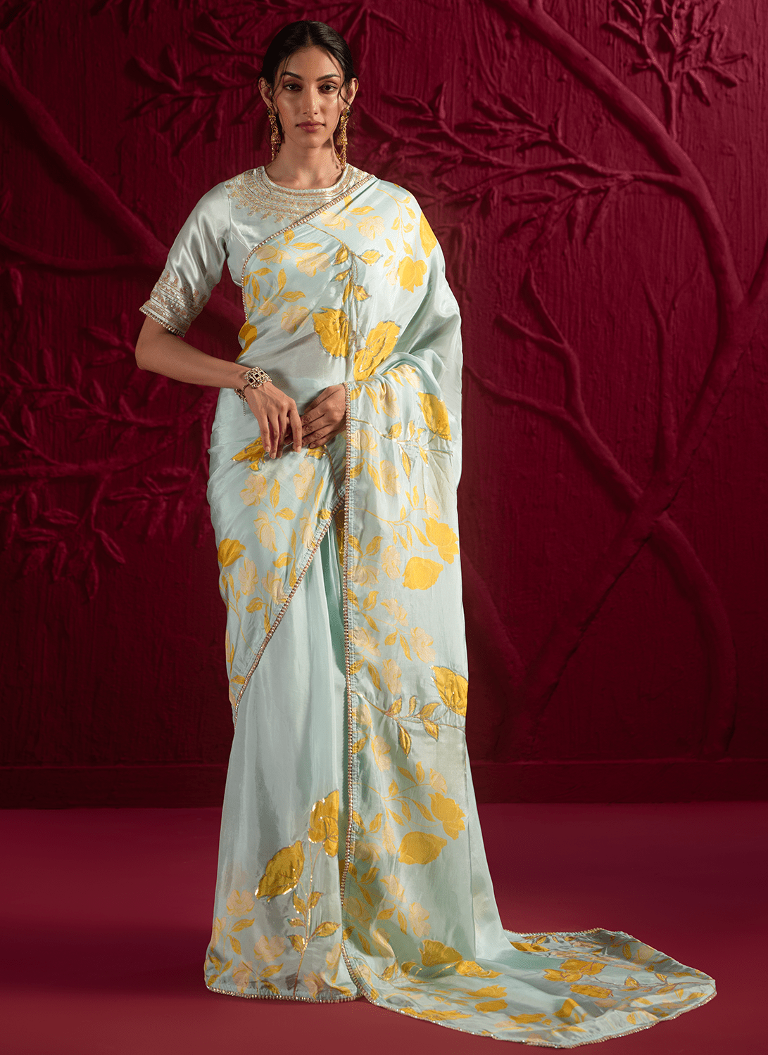 Mint Green Floral Embroidered Crepe Silk Saree - Lashkaraa