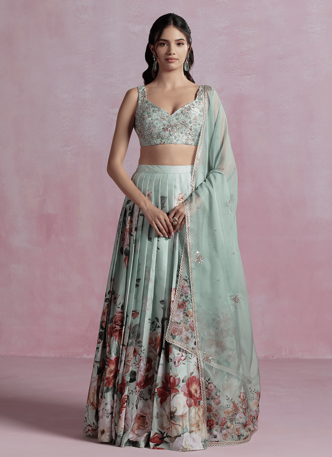 Mint Green Floral Printed Modal Satin Lehenga - Lashkaraa