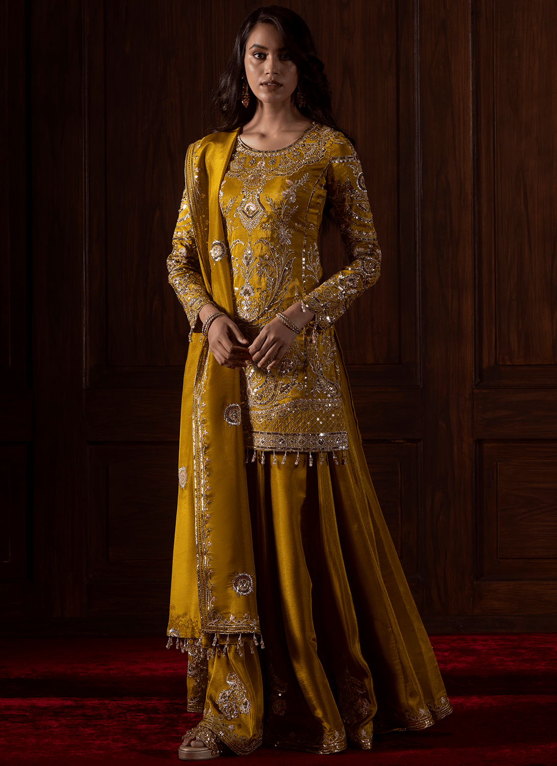 Mustard Embroidered Tissue Organza Sharara - Lashkaraa
