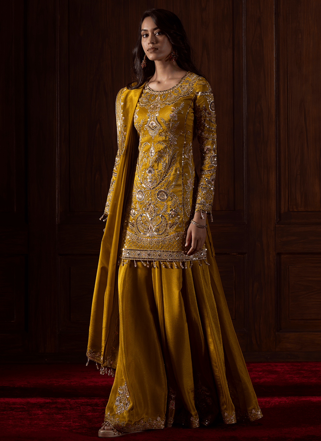 Mustard Embroidered Tissue Organza Sharara - Lashkaraa