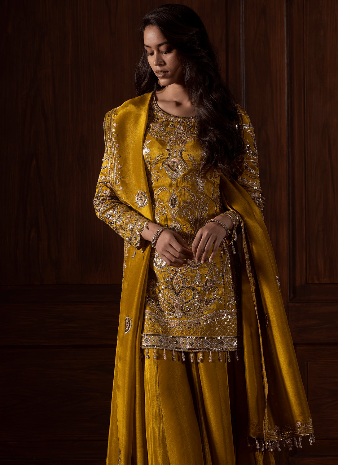Mustard Embroidered Tissue Organza Sharara - Lashkaraa