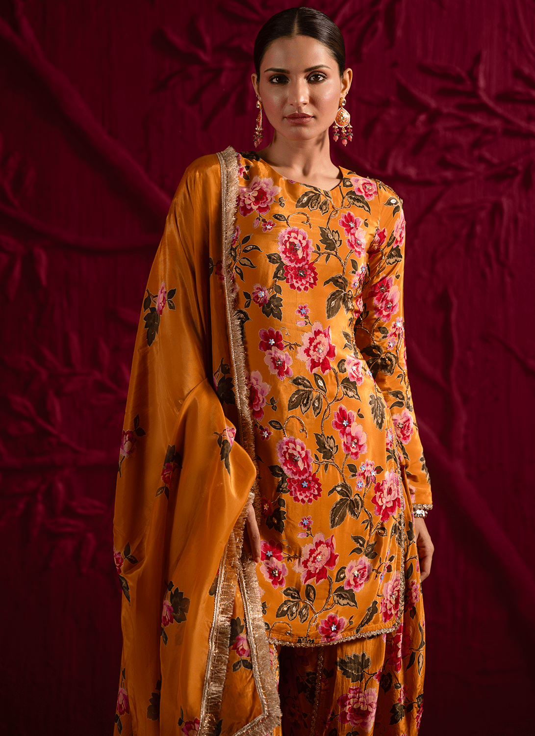 Mustard Floral Embroidered Crepe Punjabi Suit - Lashkaraa