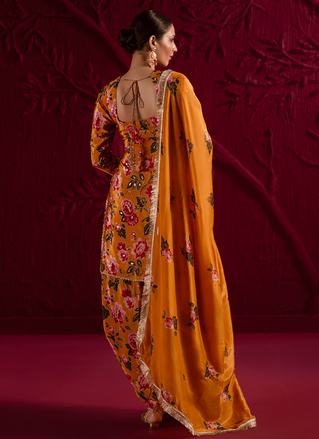 Mustard Floral Embroidered Crepe Punjabi Suit - Lashkaraa