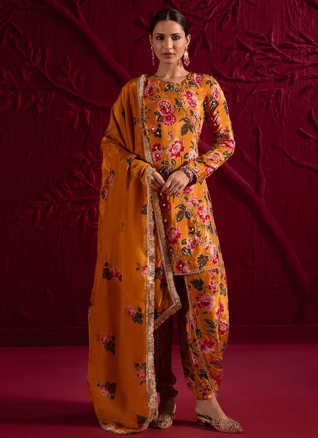 Mustard Floral Embroidered Crepe Punjabi Suit - Lashkaraa