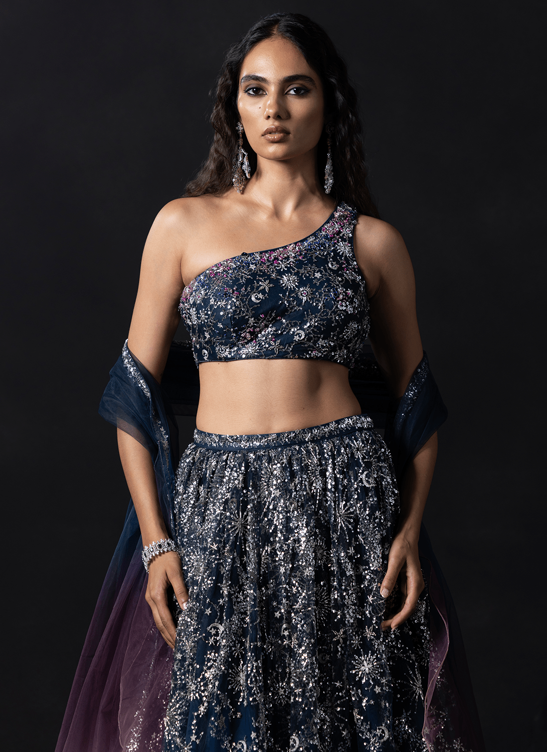 Navy Blue and Dusty Rose Embroidered Net Lehenga - Lashkaraa