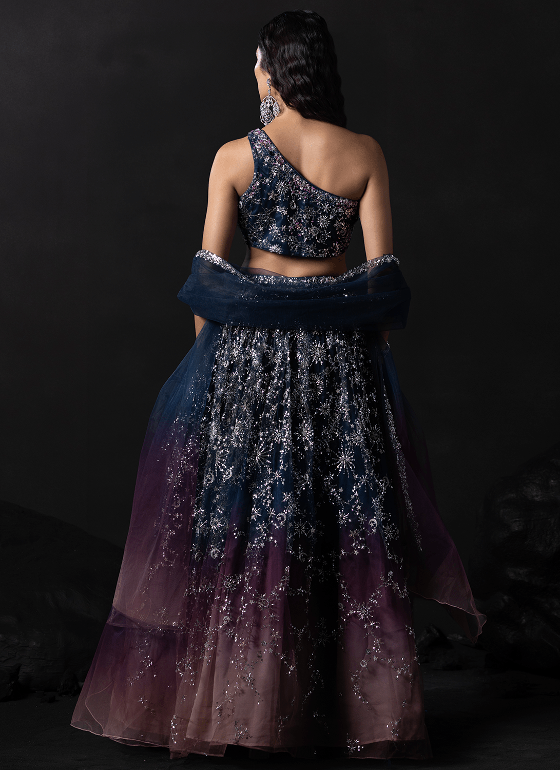 Navy Blue and Dusty Rose Embroidered Net Lehenga - Lashkaraa