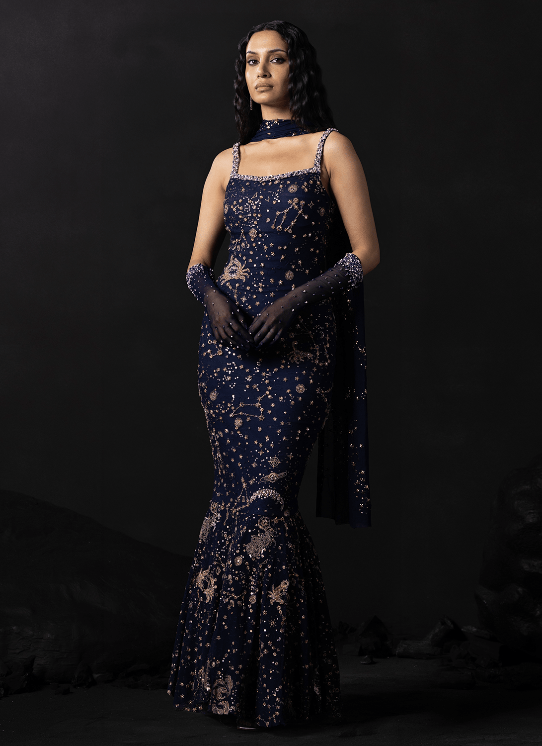Navy Blue Celestial Zodiac Mermaid Gown - Lashkaraa