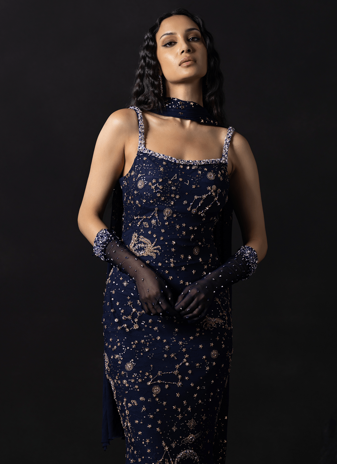 Navy Blue Celestial Zodiac Mermaid Gown - Lashkaraa