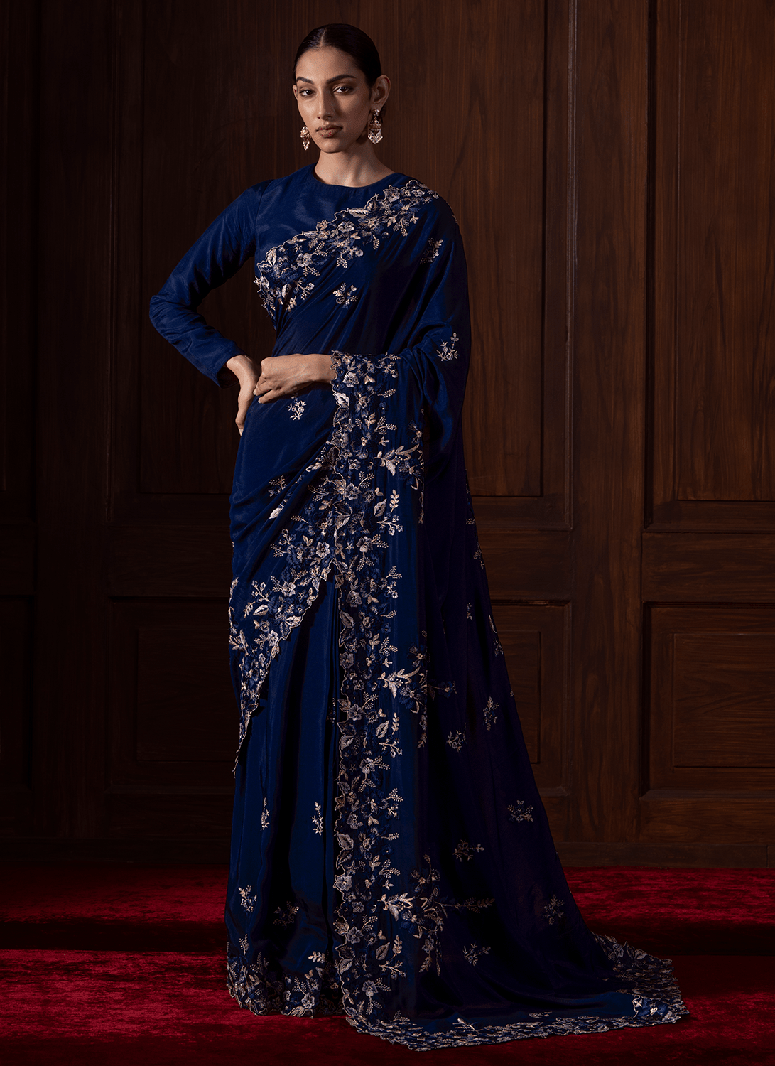 Navy Blue Embroidered Muslin Saree - Lashkaraa