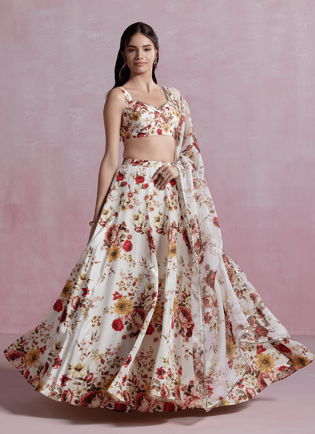 Off White and Maroon Floral Printed Crepe Lehenga - Lashkaraa