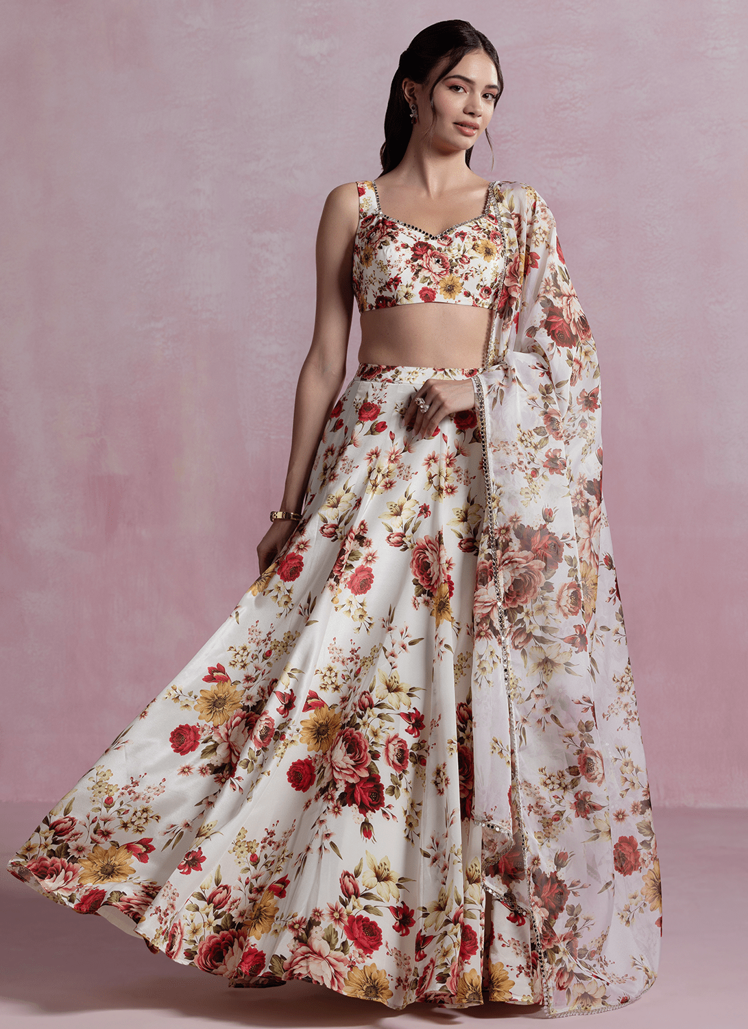 Off White and Maroon Floral Printed Crepe Lehenga - Lashkaraa