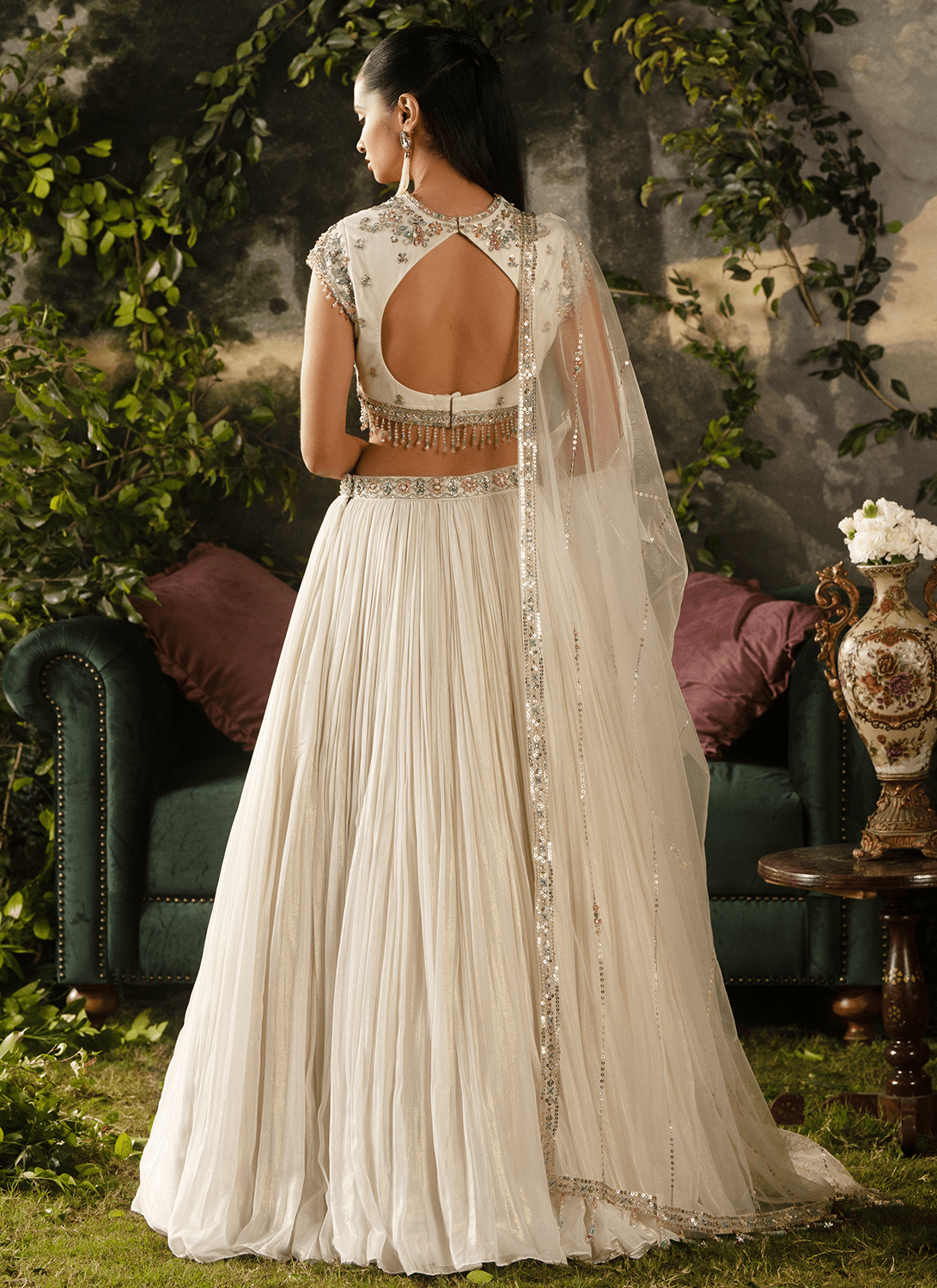 Off White Embroidered Georgette Lehenga - Lashkaraa