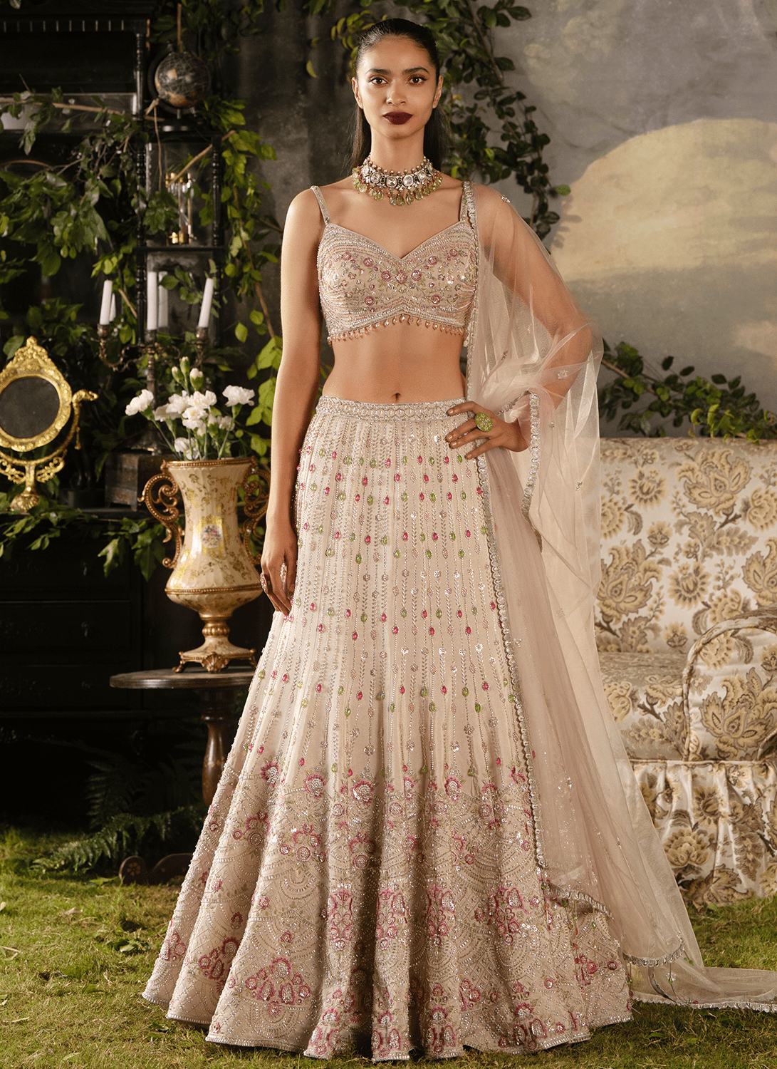 Off White Embroidered Tissue Lehenga - Lashkaraa