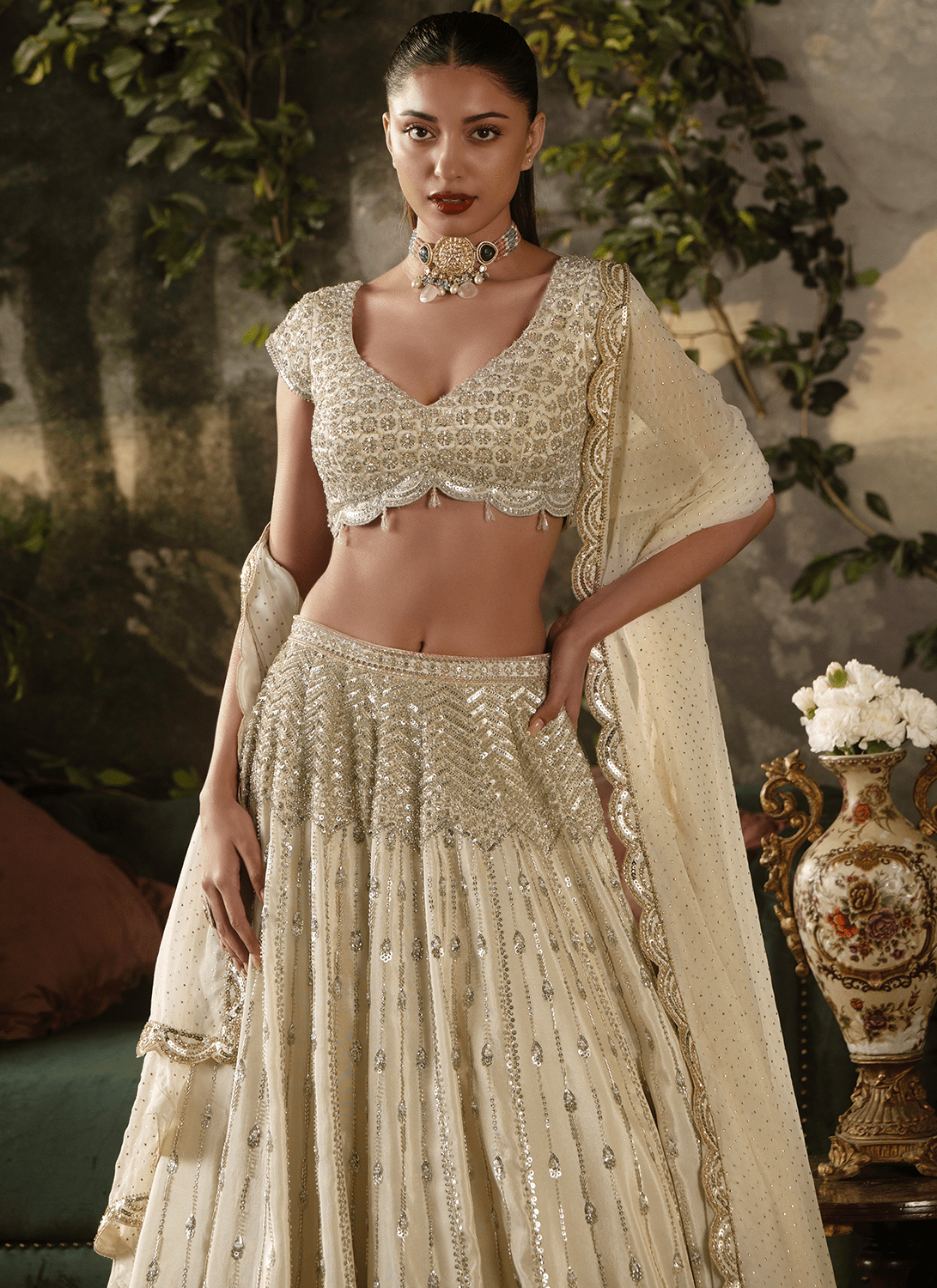 Off White Embroidered Tissue Lehenga - Lashkaraa