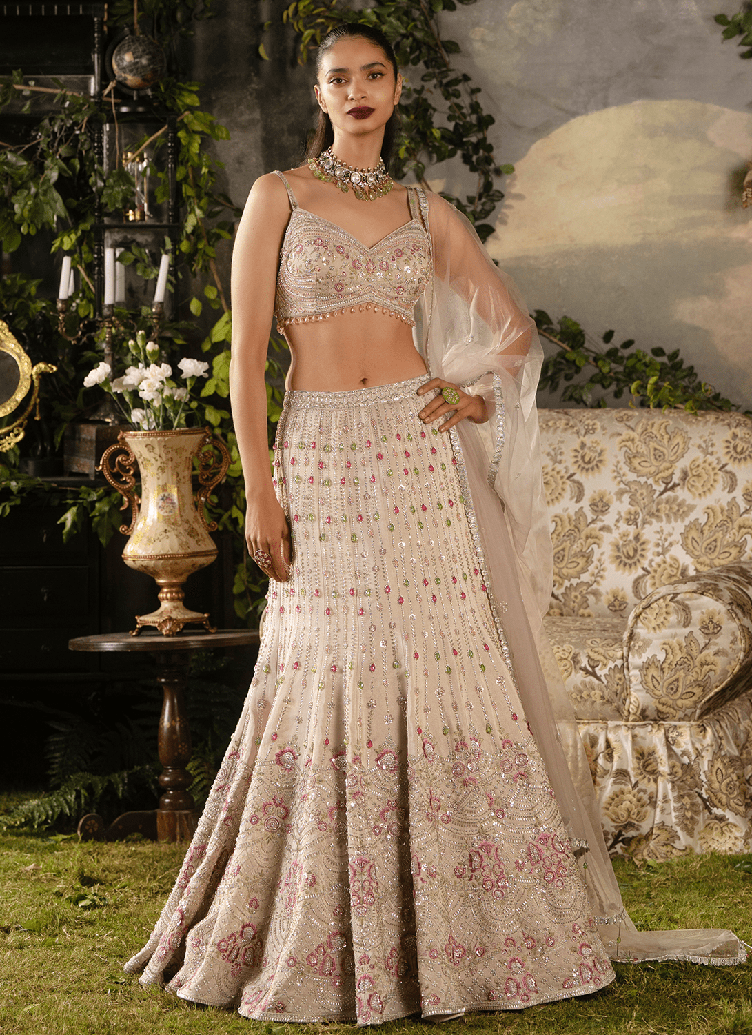 Off White Embroidered Tissue Lehenga - Lashkaraa