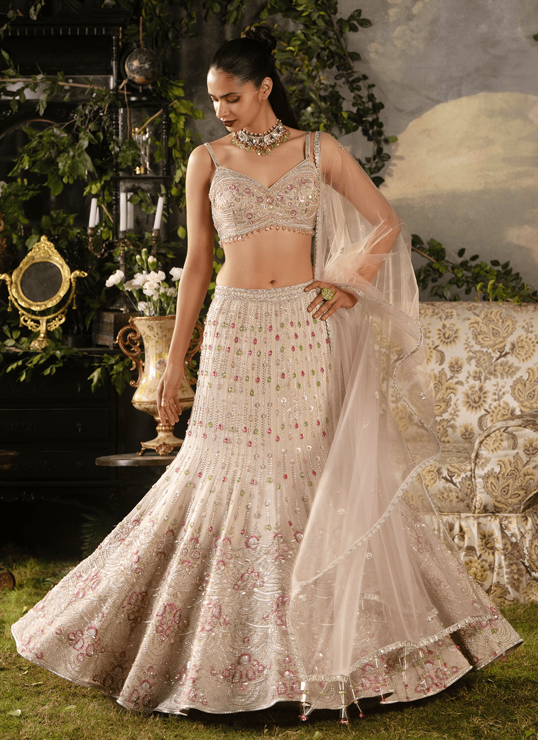 Off White Embroidered Tissue Lehenga - Lashkaraa