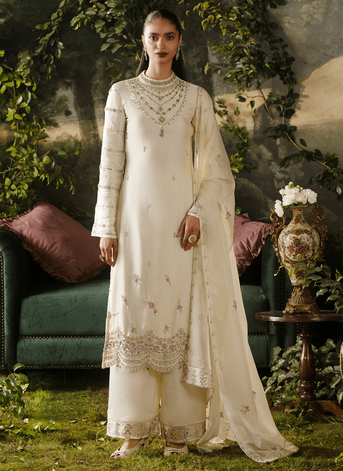 Off White Embroidered Viscose Satin Organza Straight Suit - Lashkaraa