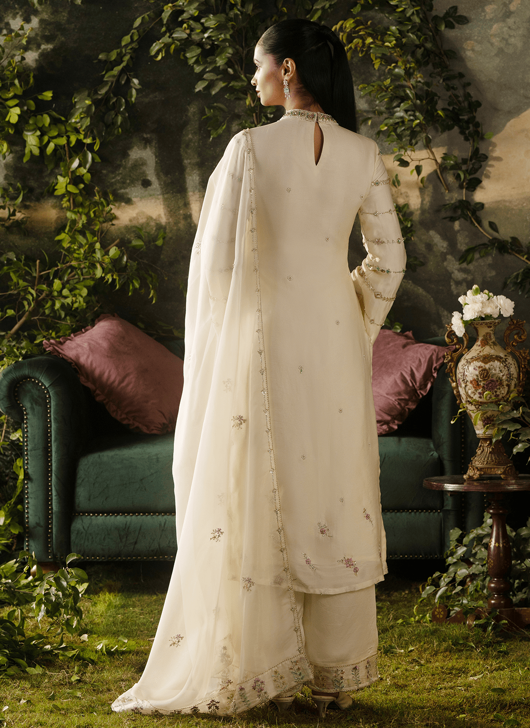 Off White Embroidered Viscose Satin Organza Straight Suit - Lashkaraa