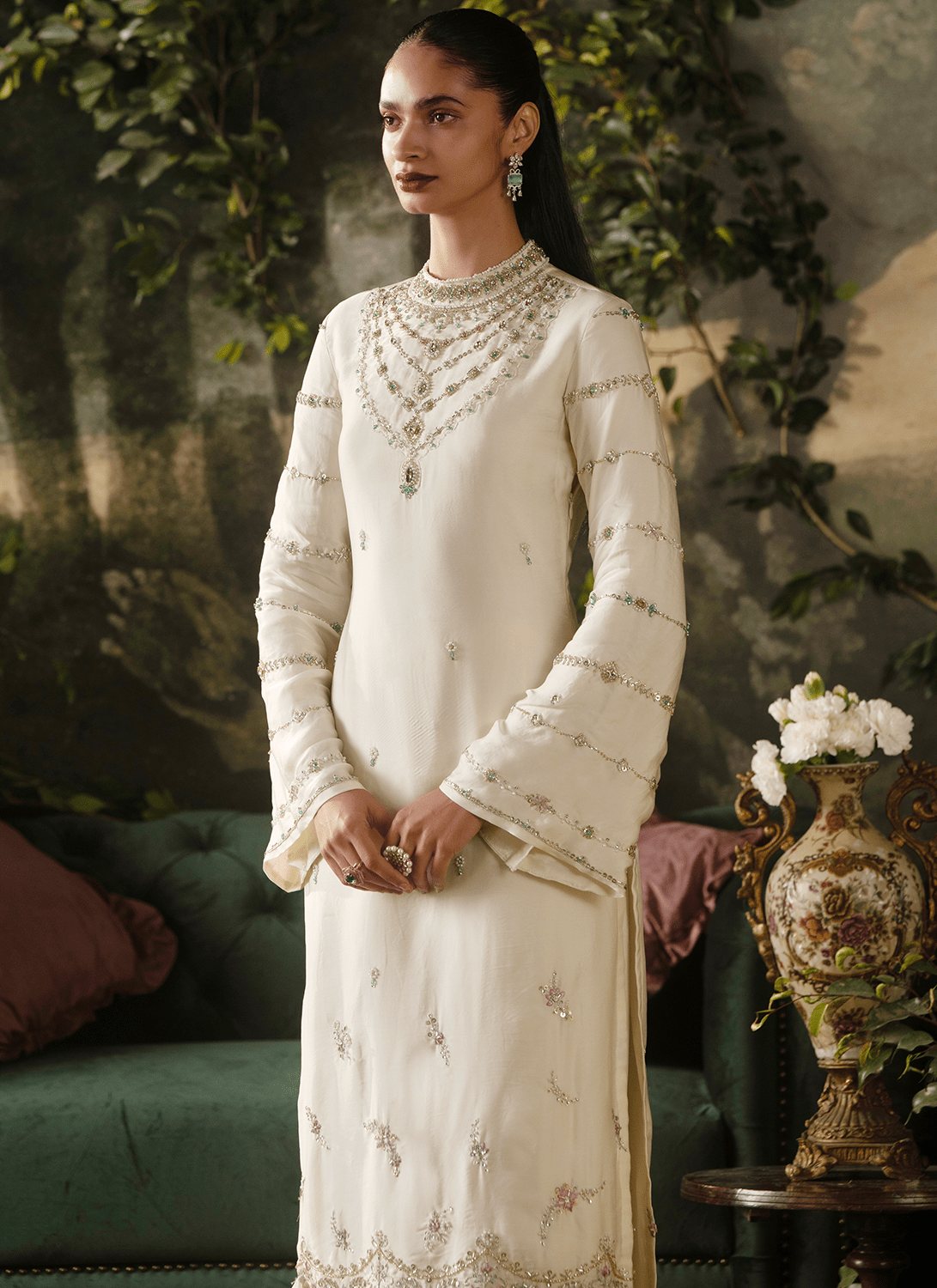 Off White Embroidered Viscose Satin Organza Straight Suit - Lashkaraa