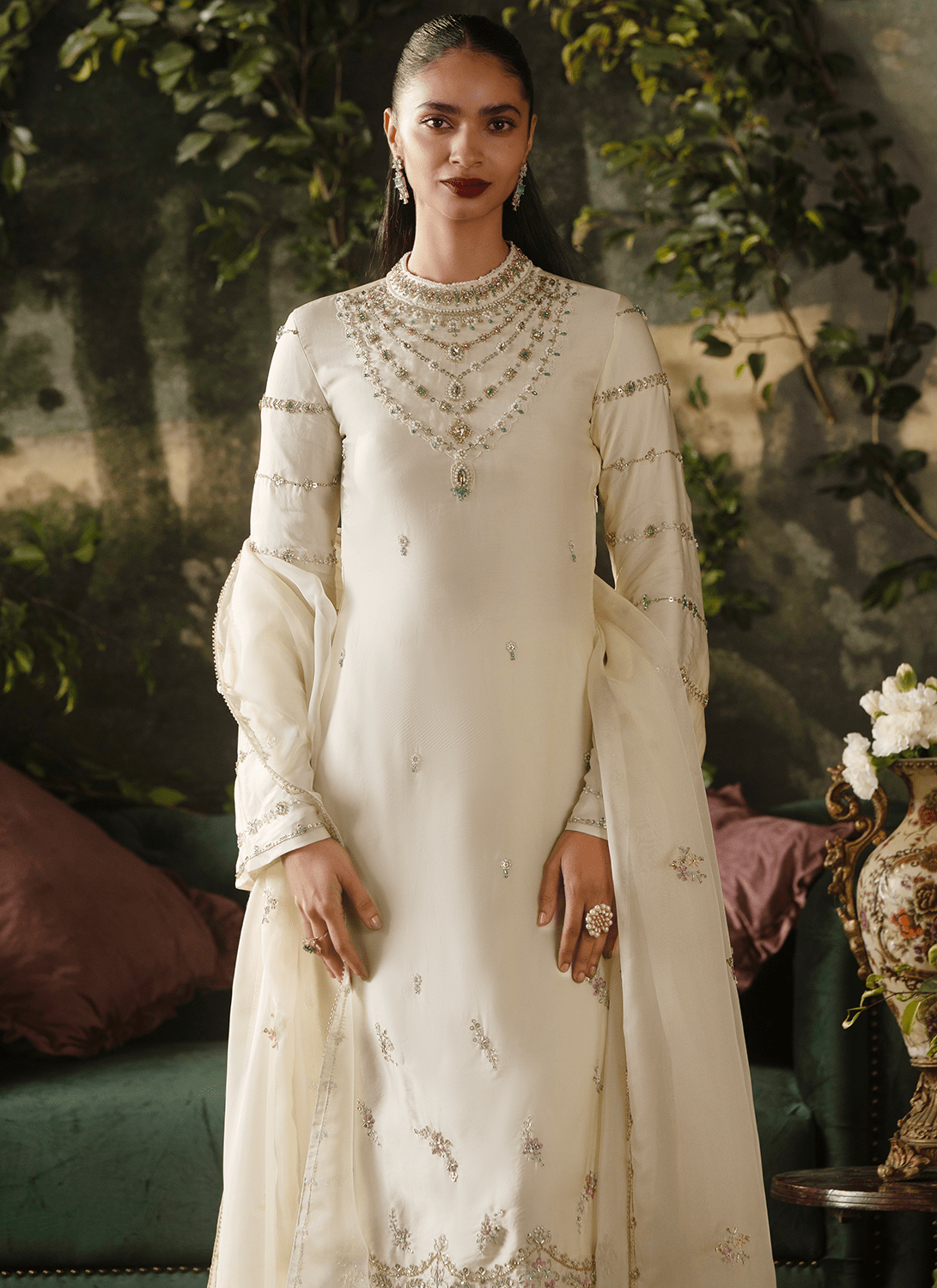 Off White Embroidered Viscose Satin Organza Straight Suit - Lashkaraa