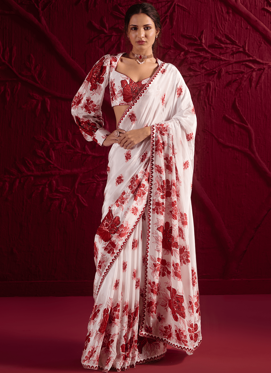 Off White Floral Embroidered Crepe Silk Saree - Lashkaraa