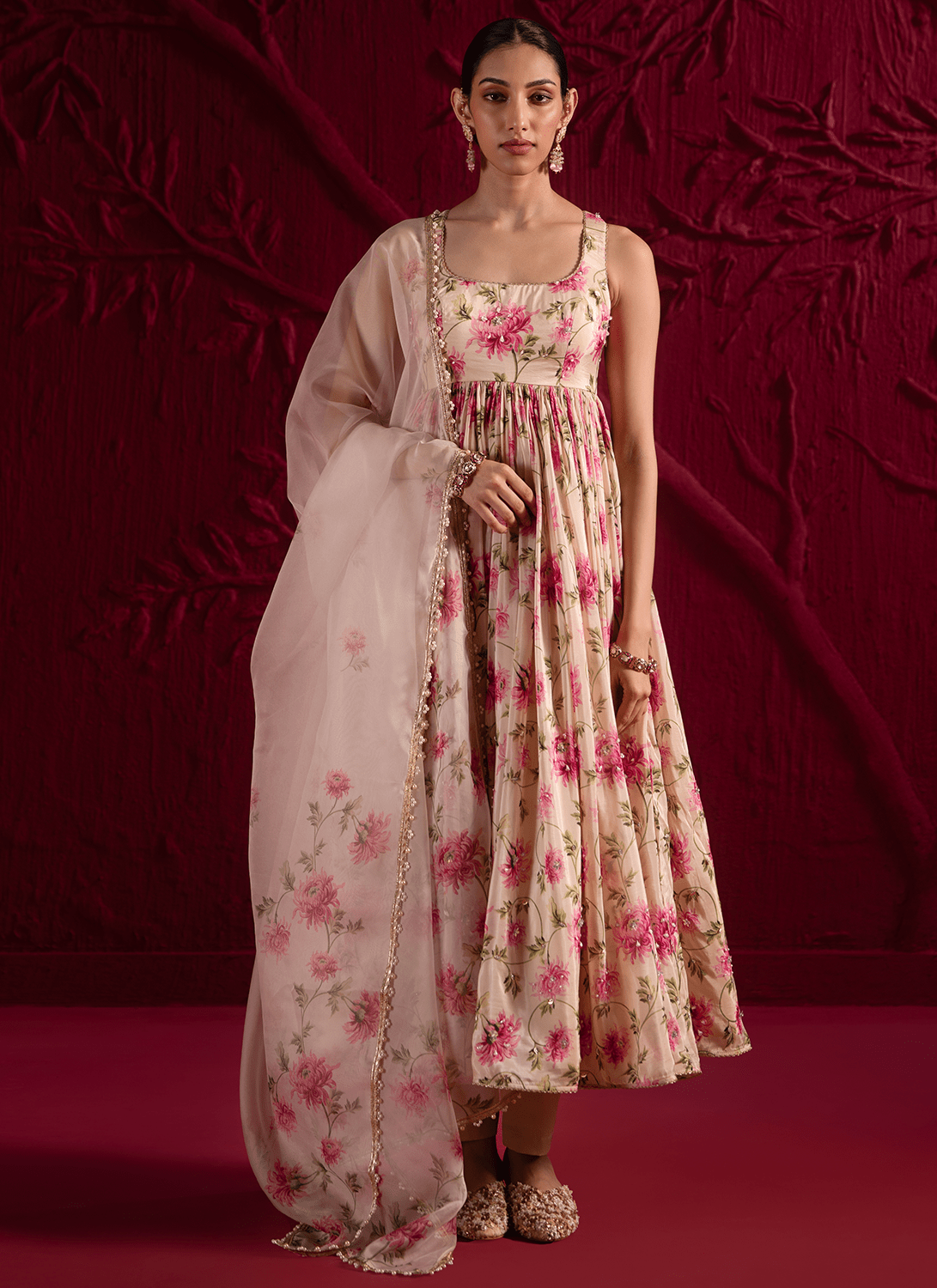 Off White Floral Embroidered Silk Anarkali - Lashkaraa