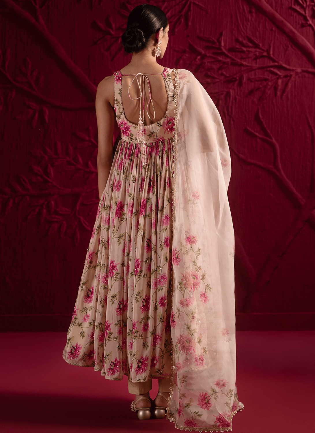 Off White Floral Embroidered Silk Anarkali - Lashkaraa