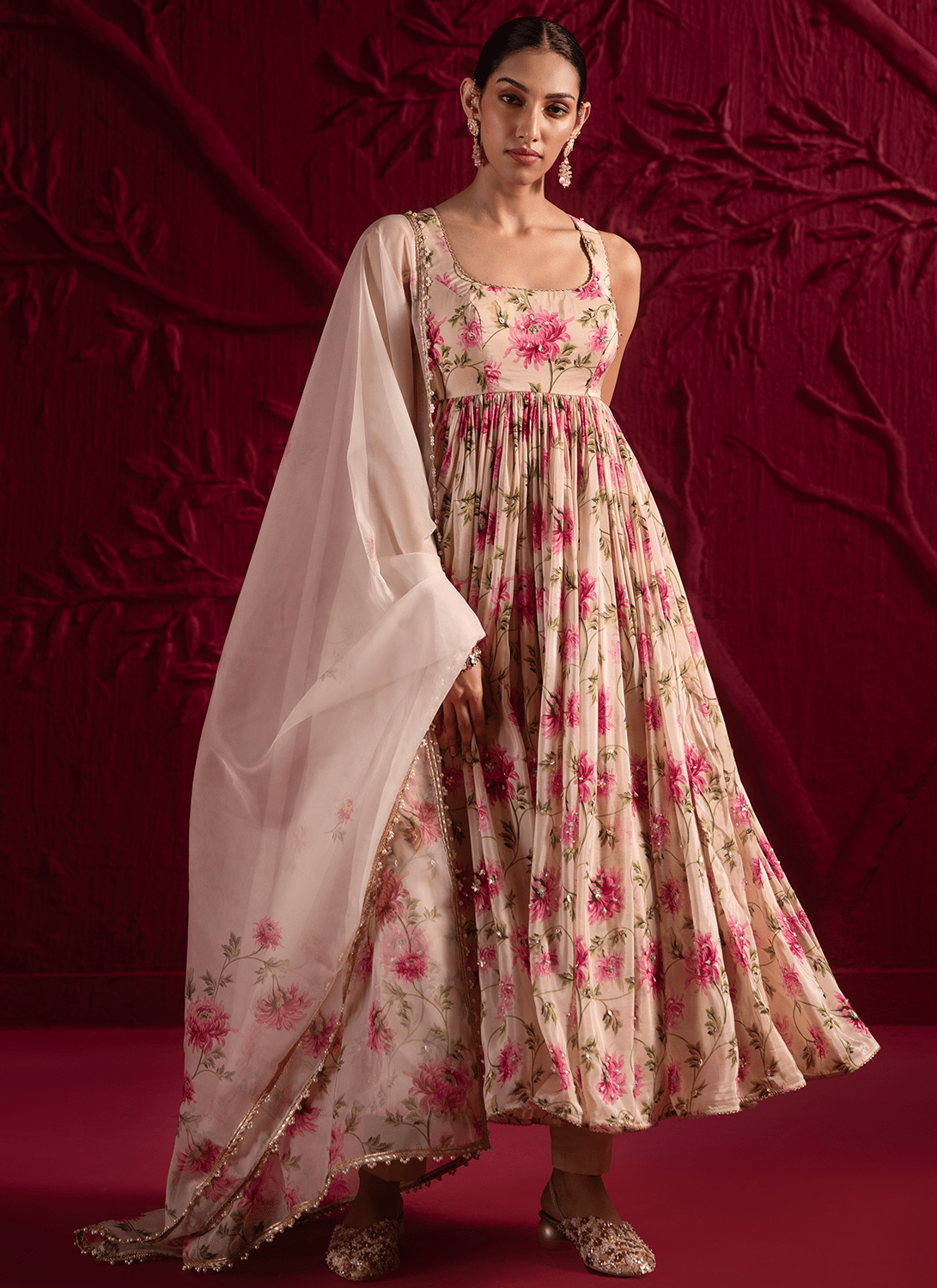 Off White Floral Embroidered Silk Anarkali - Lashkaraa
