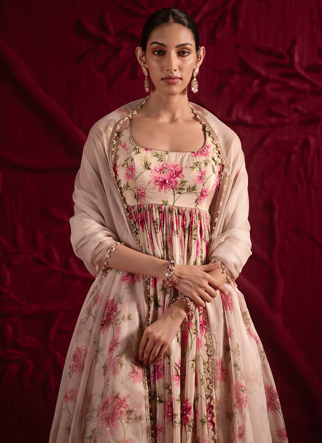 Off White Floral Embroidered Silk Anarkali - Lashkaraa