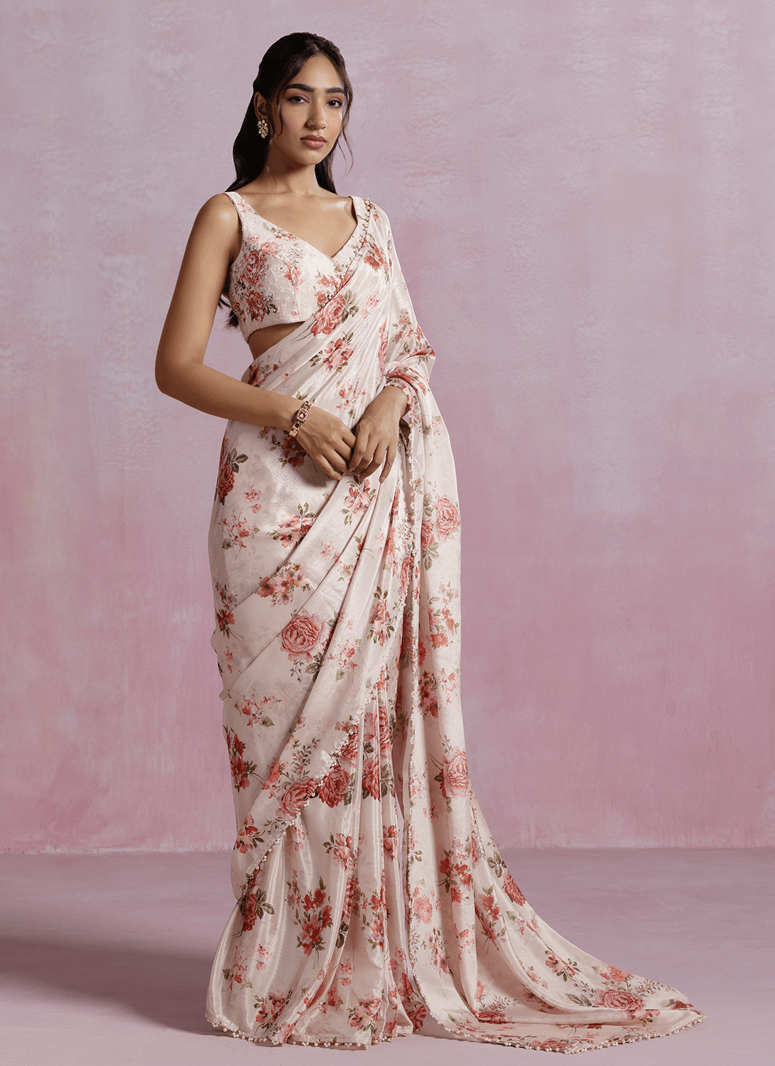 Off White Floral Printed Chinon Chiffon Saree - Lashkaraa