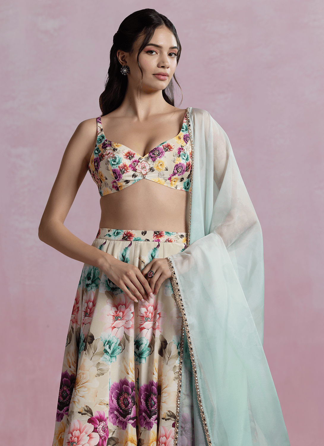 Off White Multicolor Floral Printed Crepe Lehenga - Lashkaraa
