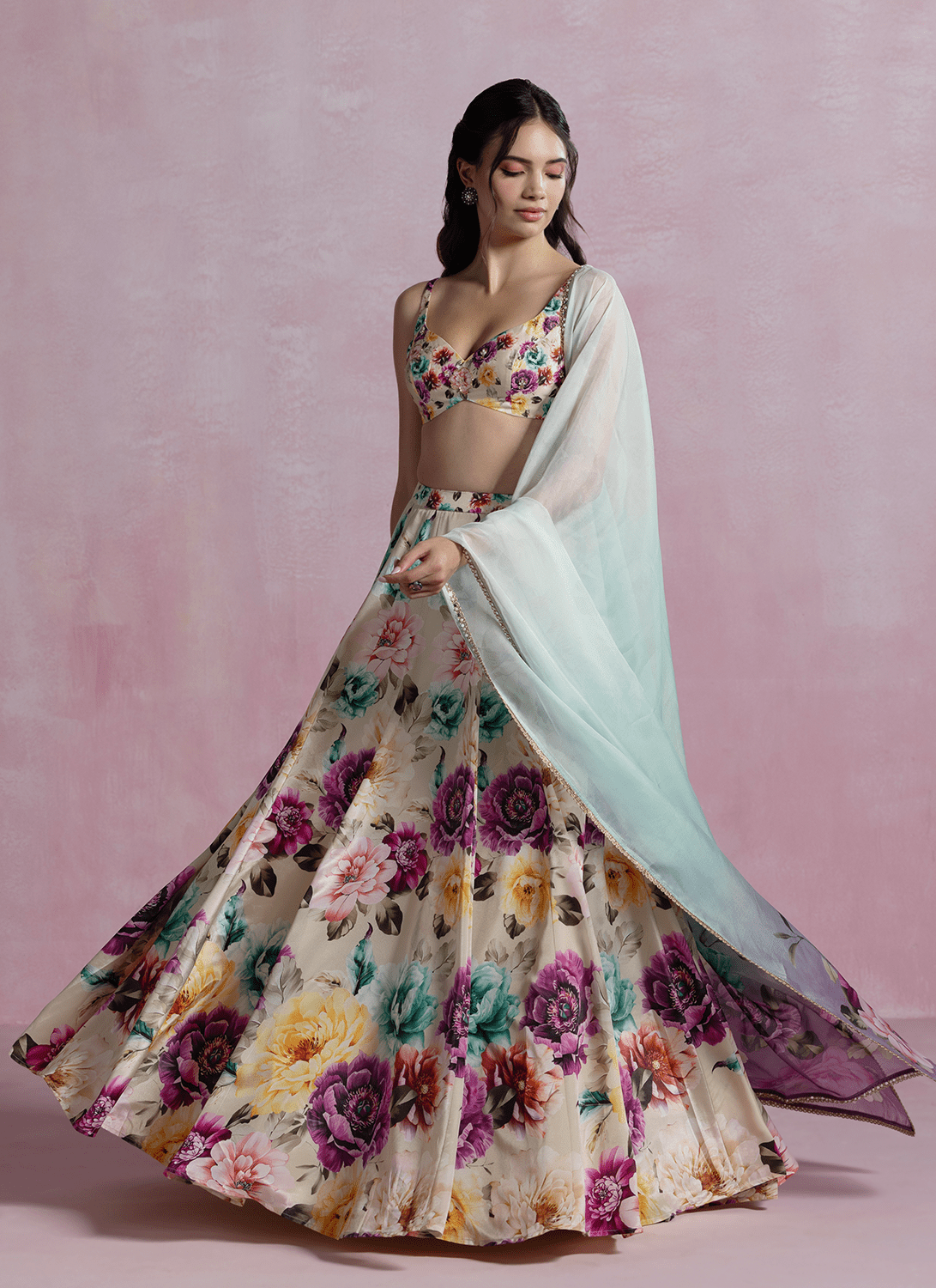 Off White Multicolor Floral Printed Crepe Lehenga - Lashkaraa