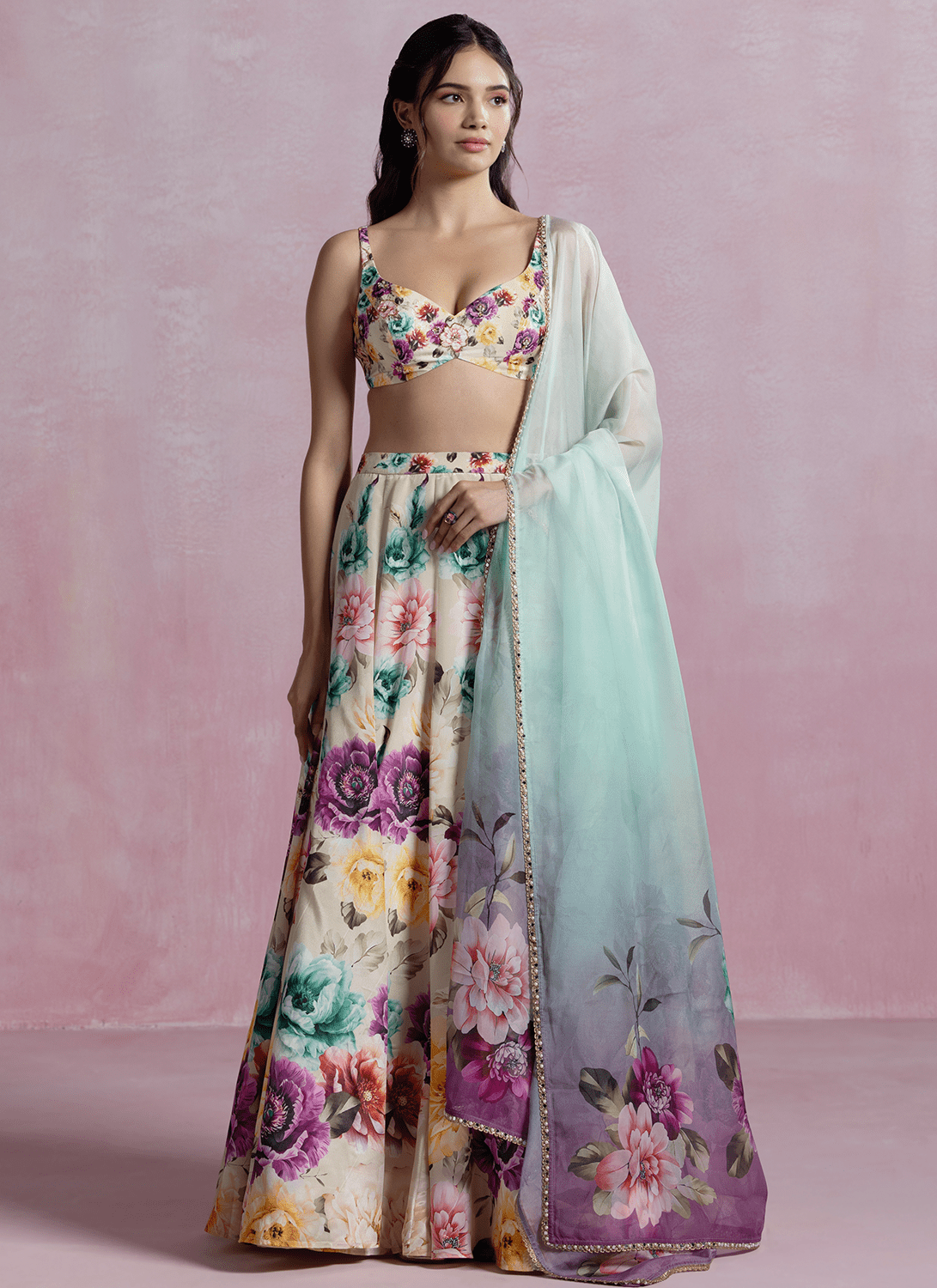 Off White Multicolor Floral Printed Crepe Lehenga - Lashkaraa