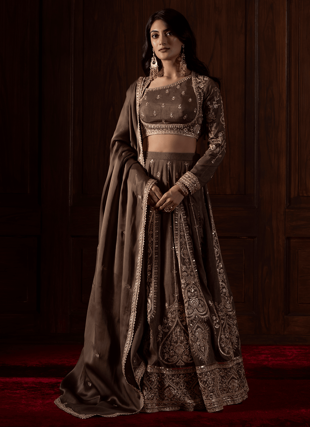 Olive Brown Embroidered Silk Lehenga - Lashkaraa