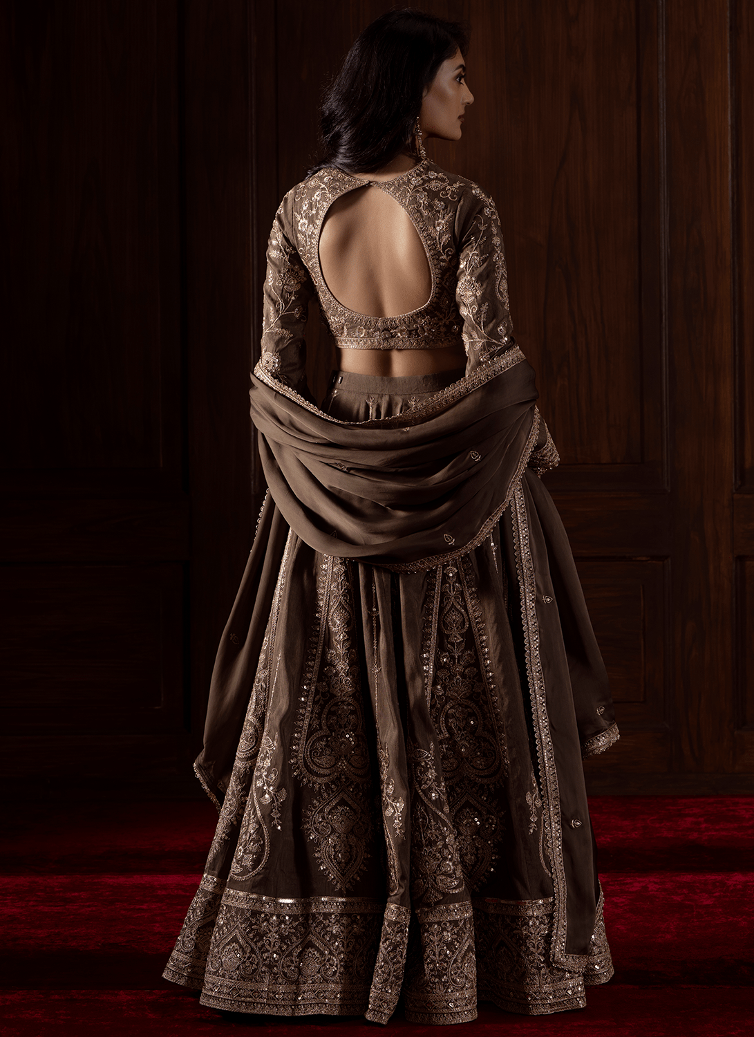 Olive Brown Embroidered Silk Lehenga - Lashkaraa