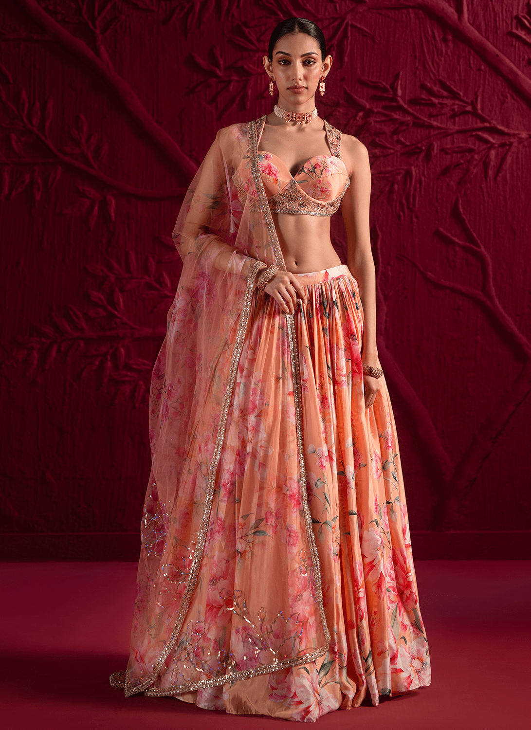 Orange and Pink Floral Embroidered Lehenga - Lashkaraa