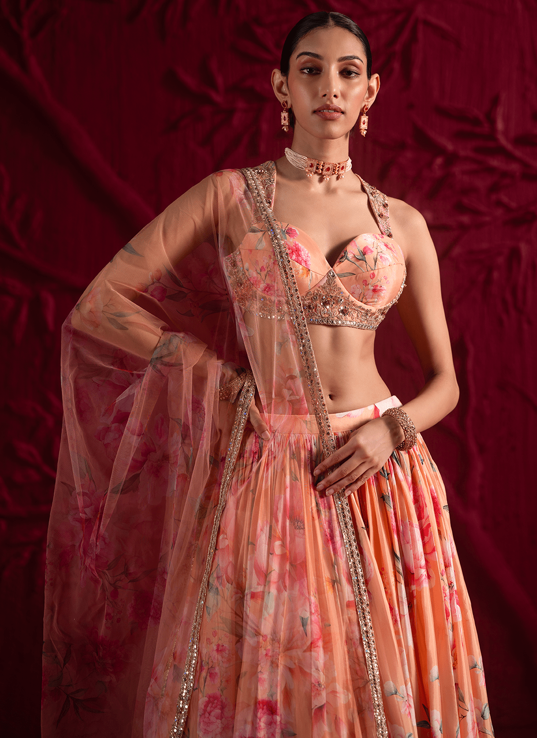 Orange and Pink Floral Embroidered Lehenga - Lashkaraa