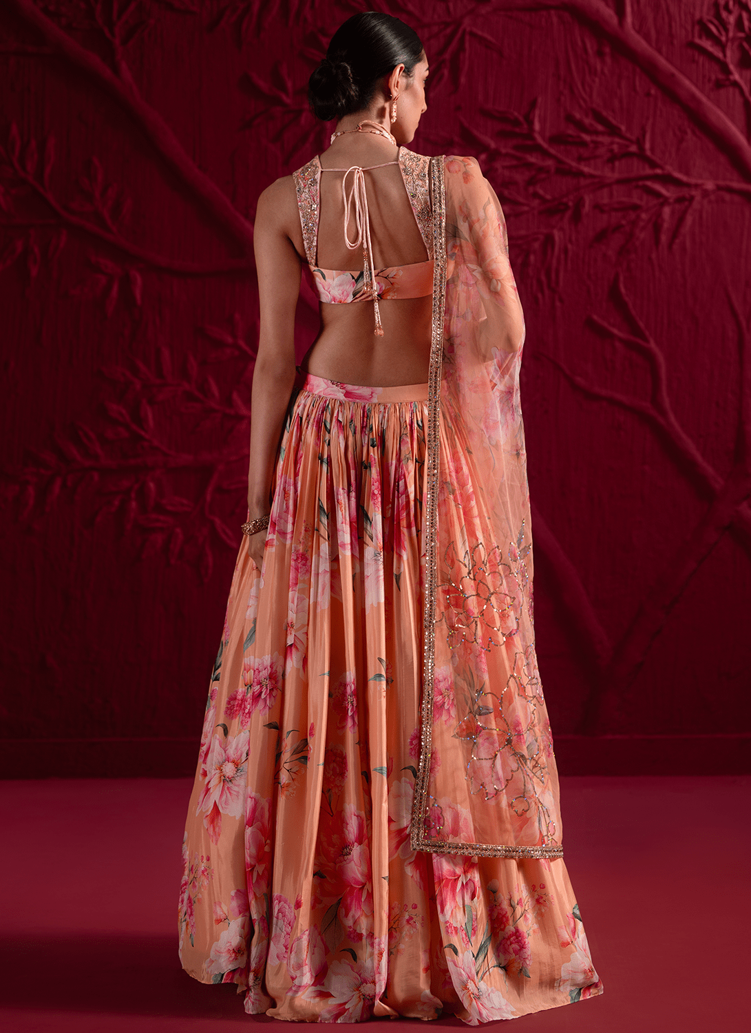 Orange and Pink Floral Embroidered Lehenga - Lashkaraa