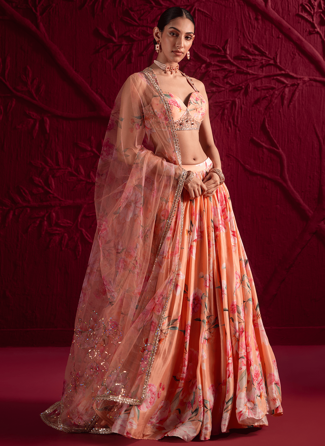 Orange and Pink Floral Embroidered Lehenga - Lashkaraa